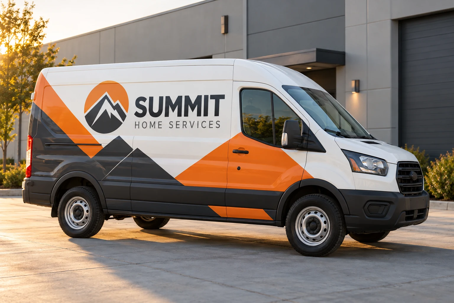Illustrative service van with a charcoal and orange vehicle wrap